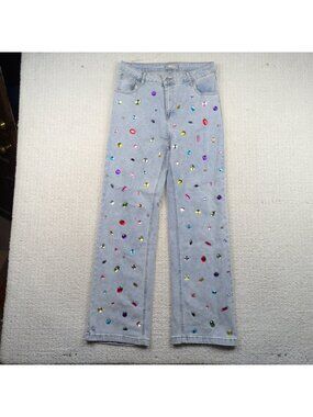 Y2K Blue B. Collection Baggy Wide-Leg Denim Rhinestone Gems Jeans Mcbling Sz M